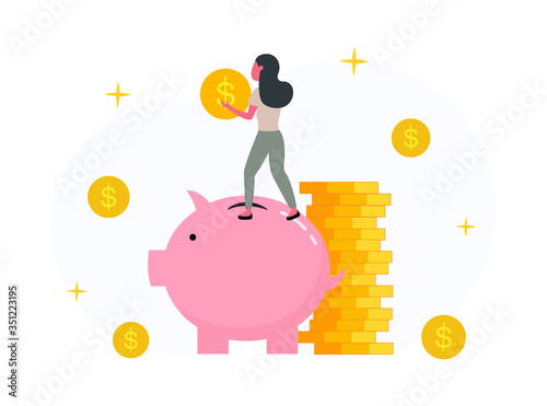The female character who holds the coin is about to put it in the piggy bank. Financial concepts and saving. Success in investing and safe deposit strategies Vector illustration isolated 