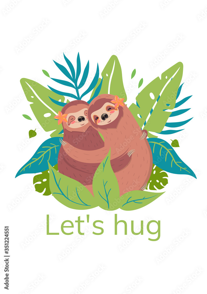 Sloths are hugging. Caption Let's hug. Vector graphics