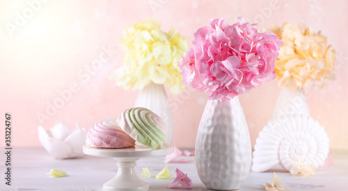 Bouquets of beautiful hydrangea in vases