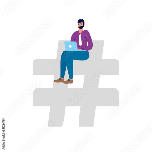 man using laptop with social media technology