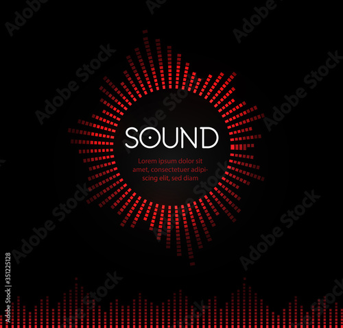 Red round musical sound logo. Soundtrack recording logotype. Music play back circle vector illustration. Tunes application icon on black background. Musical studio record icon. Audio track symbol.