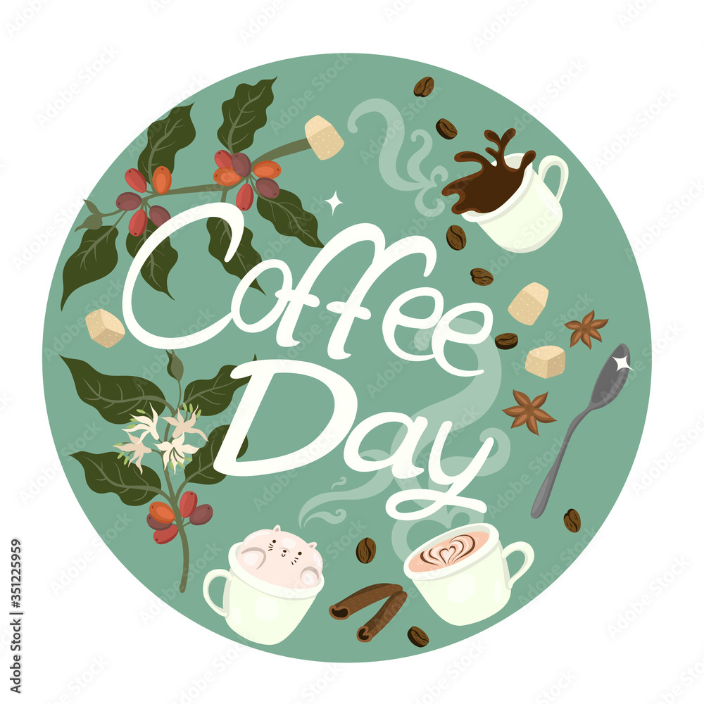Coffee elements in a circle. Lettering Coffee Day. Vector graphics.