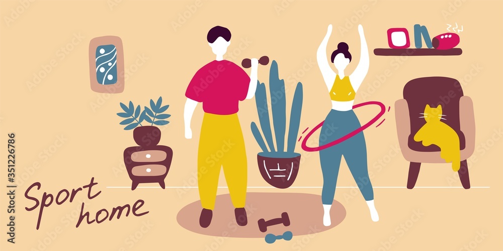Happy family sport activity. Wife and husband doing morning exercising at home. Man and woman fitness workout exercise. Flat vector graphic