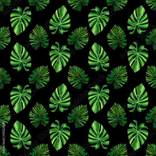 Jungle digital pattern with monstera palm leaves on dark background. Seamless summer tropical fabric design. Hand drawn illustration