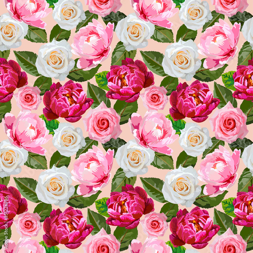 Seamless floral bright pattern with peonies flowers