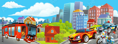 cartoon happy and funny scene of the middle of a city with car driving by - illustration