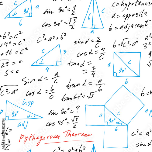 Handwritten trigonometric vector seamless pattern, hand drawn monochrome math formulas isolated on white background, mathematical, geometrical, scientific, education backdrop