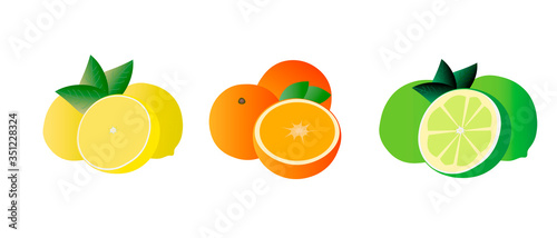 Fototapeta Naklejka Na Ścianę i Meble -  Citrus collection. Set of fresh fruit in flat design. Lime, orange and lemon, isolated on white background. Vector illustration.