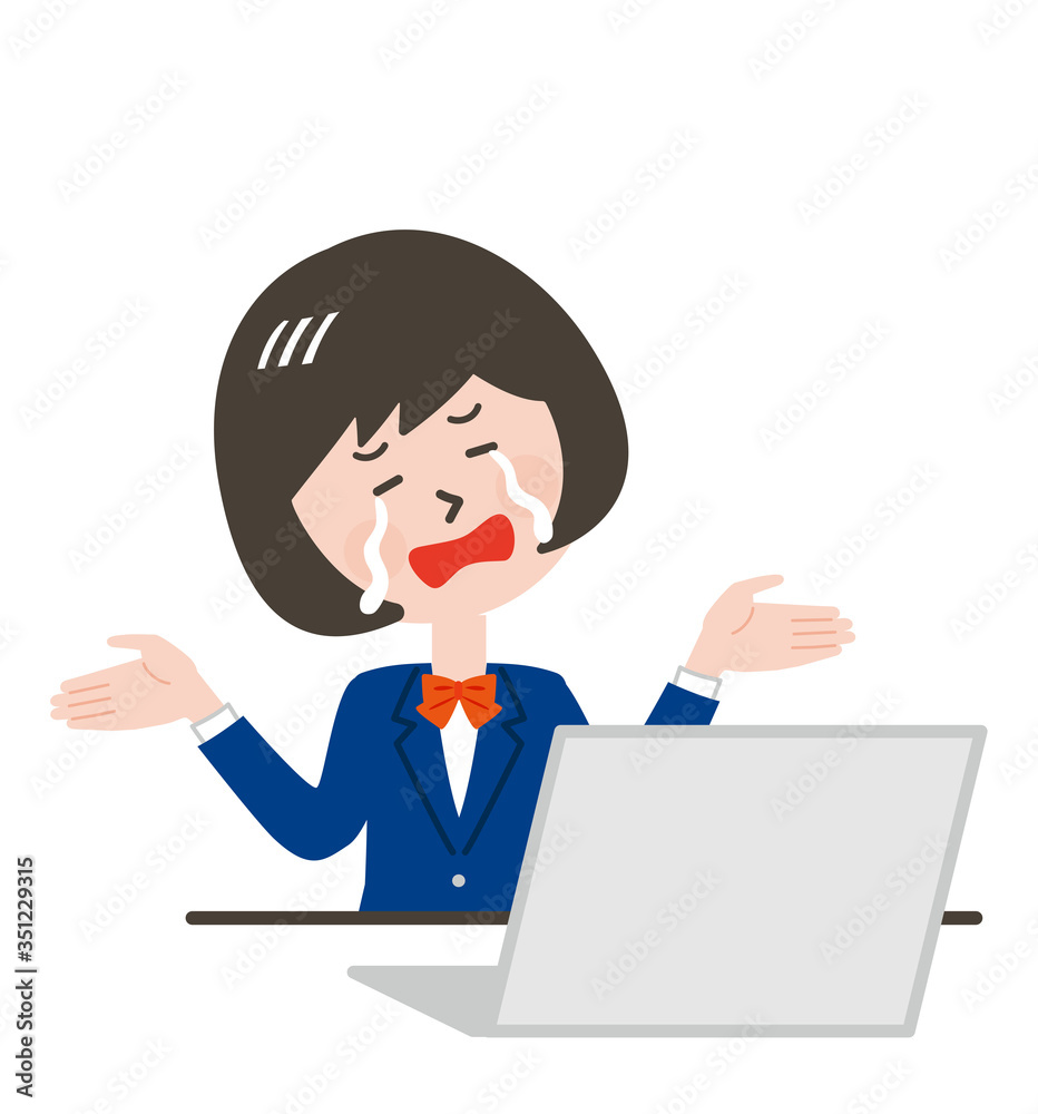 パソコンの前でお手上げポーズをするネクタイの女性