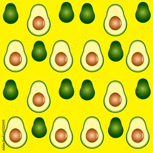 Seamless pattern whole and sliced avocado on yellow  background, Vector illustration