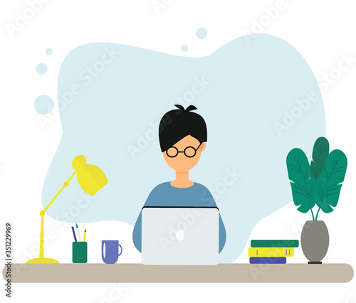 Young boy in glasses studying online with laptop and books. Back to school, online education. Table with books, lamp, Tea cup. Vector illustration in flat style.