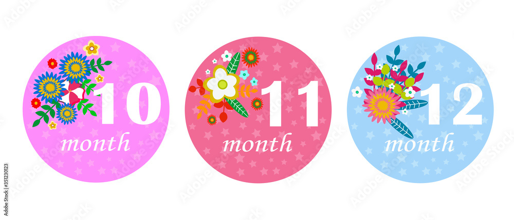 Vector set of milestone stickers with flowers and numbers. Newborn month stickers collection. Isolated on white. 10-12 month Vector set of milestone stickers with flowers and numbers. Newborn month stickers collection. Isolated on white. 10-12 month