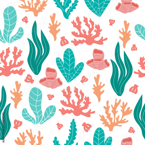 Abstract seamless pattern of coral, shells and seaweeds on white background. Hand drawn vector illustration.
