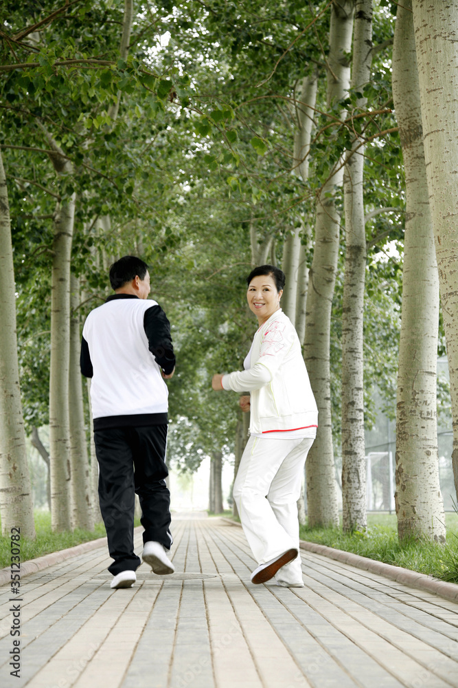 Senior man and woman jogging in the park Senior man and woman jogging in the park