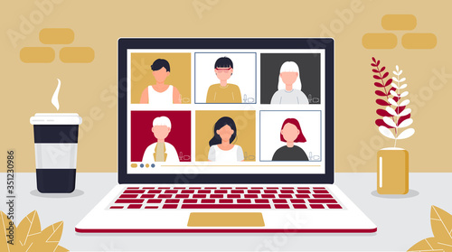 Remote school class is studying. Video call conference concept vector. Social distancing during quarantine. University online course illustration. Teleconference webinar concept.