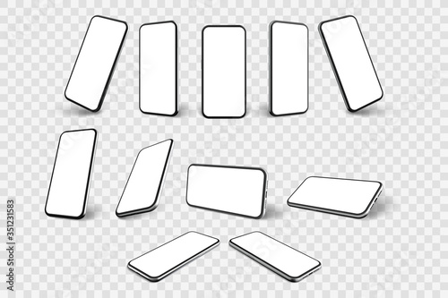 Realistic smartphone mockup. llustration of realism style drawn cellphone frame with blank display templates Collection of portable mobile device from different angles views on transparent background.