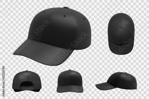 Black cap mockup set. Illustration of realism style drawn sport baseball headwear template front top side and back view or angle. Collection of summer uniform hat with visor on transparent background.