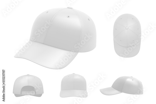 White cap mockup set. Illustration of realism style drawn sport baseball headwear template from front top side and back view or angle. Collection of summer uniform hat with visor on white background.