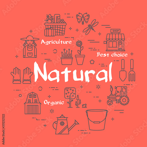 Vector linear red concept of home farming and gardening with text Natural