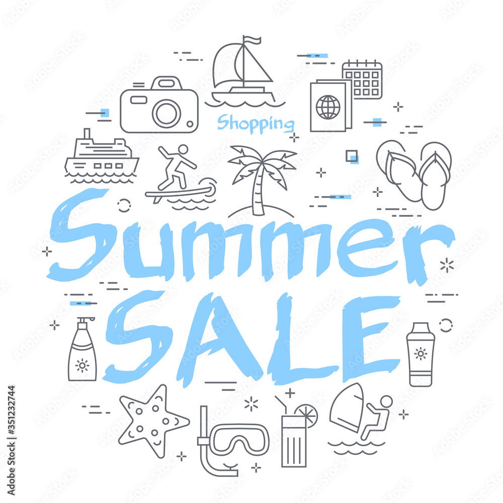 Blue text Summer Sale with linear summer time icons