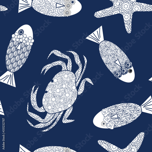 Vector Crabs Fish Starfish in White Scattered on Blue Background Seamless Repeat Pattern. Background for textiles, cards, manufacturing, wallpapers, print, gift wrap and scrapbooking.