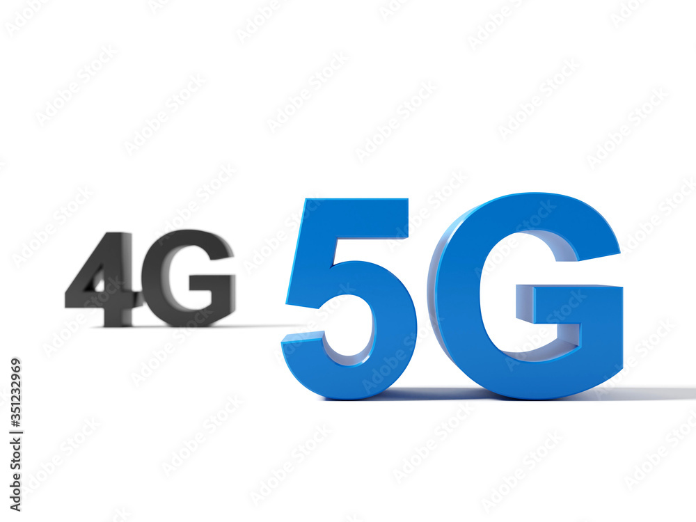 5G and 4G symbols - 3D render with focus depth of field	on white background