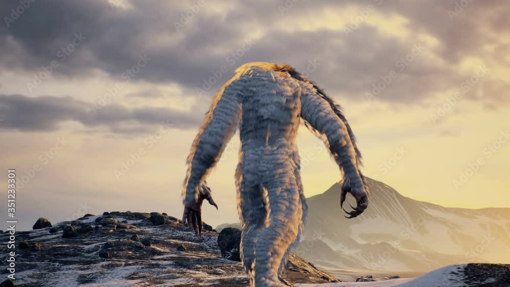 The Yeti enjoys the morning sunrise, in the beautiful snowy mountains. Yeti in the winter mountains. Animation for fabulous, fiction or fantasy backgrounds.