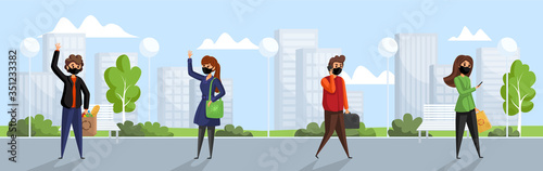 Coronavirus, infection, quarantine, 2019ncov concept. Group of young people men women boys girls with medical face masks walking on street together. Social distancing because of Covid19 illustration.