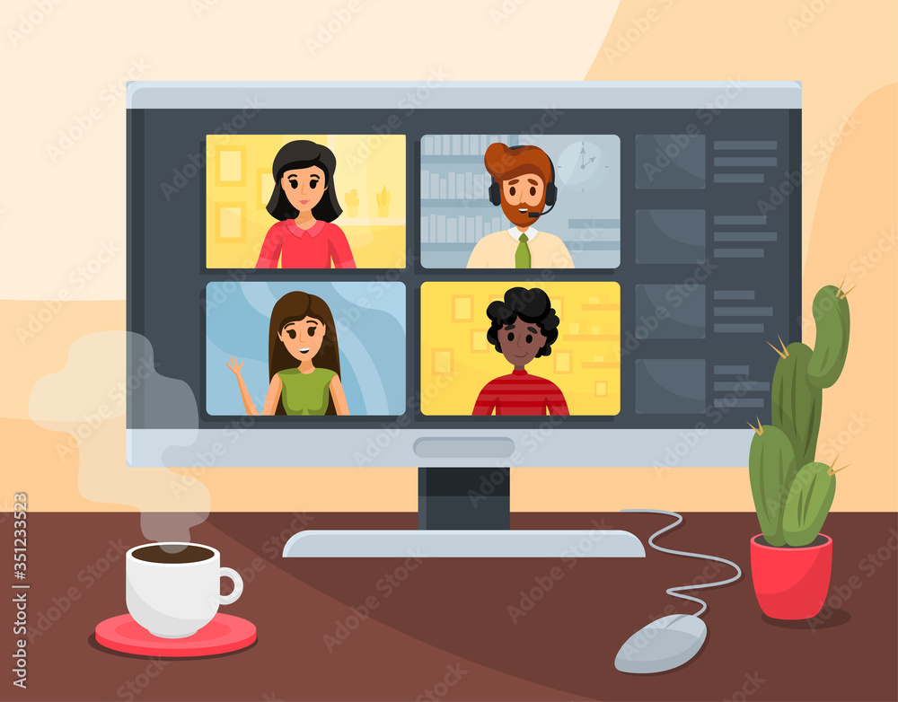 Video conference, business, communication, freelance concept. Online meeting webinar conversation with businesspeople colleagues men women in social media. Remote working from home illustration.