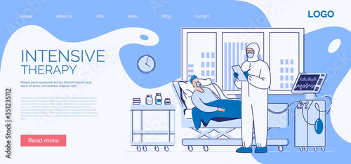 Intensive care of a seriously ill patient. A sick man lies in a medical bed on artificial lung ventilation. Vector. Illustration. Flat style.
