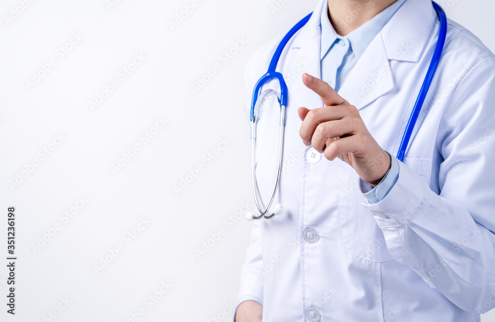 Female doctor body part with hand gesture, young woman physician with stethoscope isolated on white background, close up, cropped view, copy space Female doctor body part with hand gesture, young woman physician with stethoscope isolated on white background, close up, cropped view, copy space