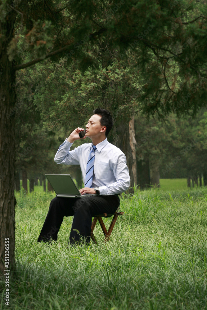Businessman talking on the mobile phone while using laptop Businessman talking on the mobile phone while using laptop