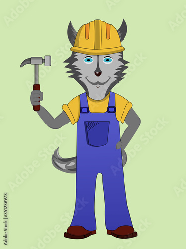 Isolated character dog husky builder profession dressed in blue uniform holds a hammer vector