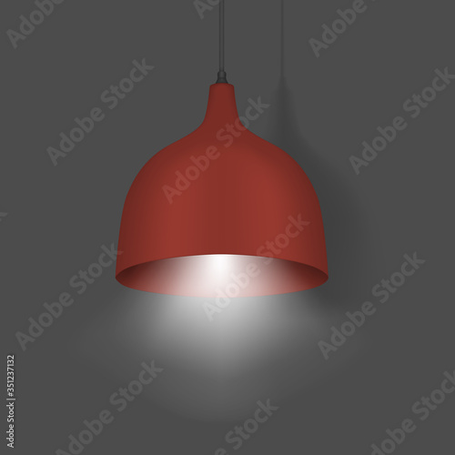 Hanging pendant lamp. Modern interior light. Chandelier with red lampshade. Realistic vector illustration