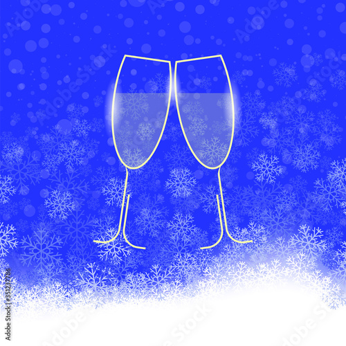Two Sparkling Glasses on Blue Falling Snowflake Background. Champagne Celebration. Happy New Year. Alcoholic Fizzy Drink. Congratulations. Cheers.