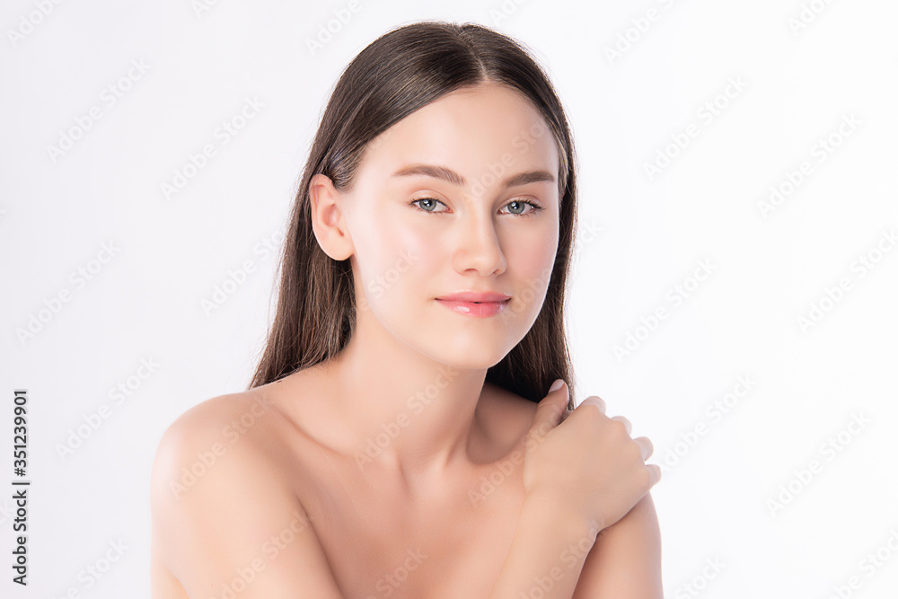 Beautiful Young Woman touching her body with fresh Healthy Skin, isolated on white background, Beauty Cosmetics and Facial treatment Concept