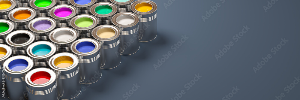 many Tin cans with different color paint and copy space - wide banner background - 3d Illustration many Tin cans with different color paint and copy space - wide banner background - 3d Illustration