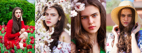 Collage Portrait of a young beautiful brunette girls in spring outdoors