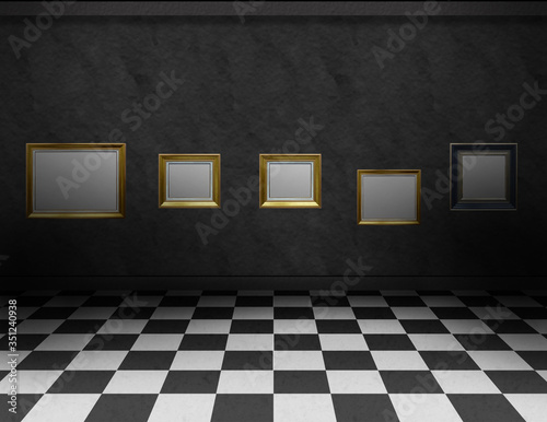 Room with black and white checker on the floor and empty frames © ingalinder