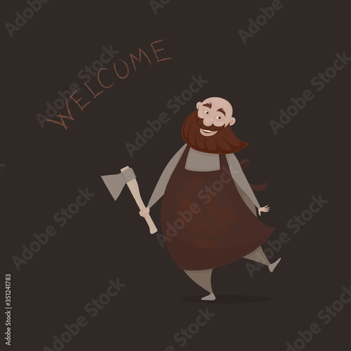 Vector illustration, a cartoon funny merry slightly mad bold butcher with a red beard and an ax on the dark background. A cartoon character.