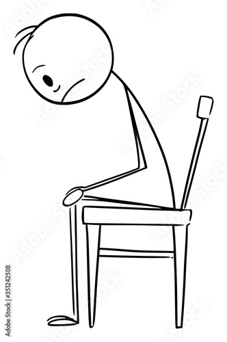 Vector cartoon stick figure drawing conceptual illustration of depressed or sad man in stress sitting on chair.