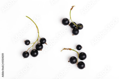 Black currant and leaves isolated. Flat lay, top view