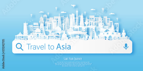 Asia Landmarks Travel postcard, poster, tour advertising of world famous landmarks. Vectors illustrations