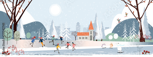 Panorama Winter landscape, Christmas and new year 2021 celebrated in the city,Vector of horizontal banner winter wonderland in the town polar bear,kids playing on snow and teenager skiing in the park