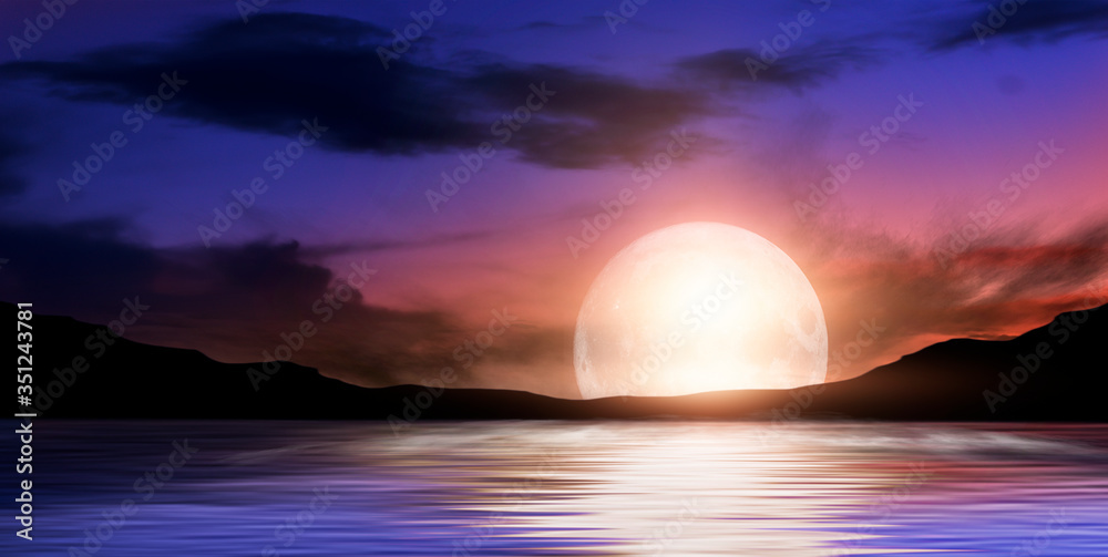Background of night sea landscape. Night sky, clouds, full moon. Reflection of the moon on the water. Sunset on the sea horizon. Blue tinted

