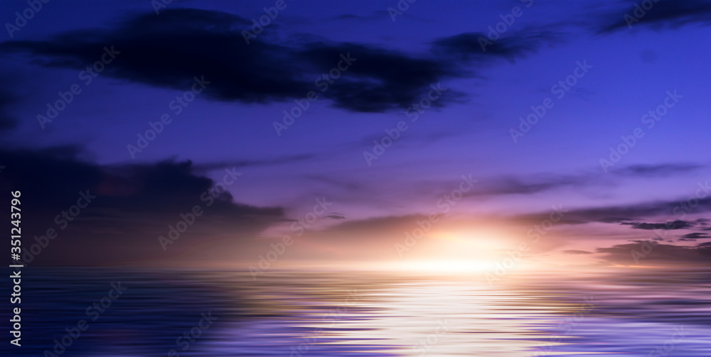 Background of night sea landscape. Night sky, clouds, full moon. Reflection of the moon on the water. Sunset on the sea horizon. Blue tinted

