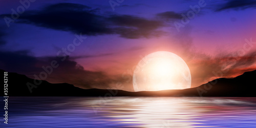 Fototapeta Naklejka Na Ścianę i Meble -  Background of night sea landscape. Night sky, clouds, full moon. Reflection of the moon on the water. Sunset on the sea horizon. Blue tinted

