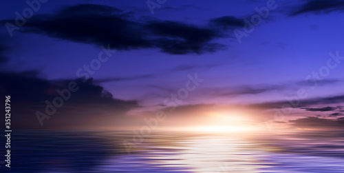 Background of night sea landscape. Night sky, clouds, full moon. Reflection of the moon on the water. Sunset on the sea horizon. Blue tinted   © MiaStendal