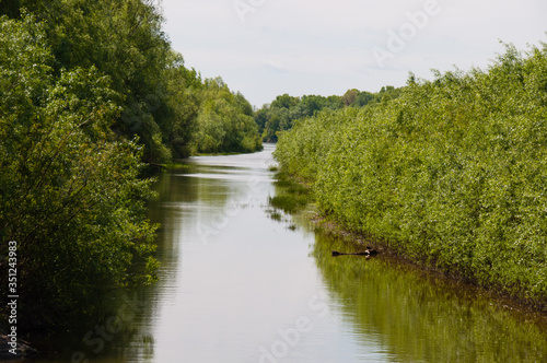 Very beautiful natural landscape in Ukraine. Sky, water and forest in summer or spring. Desna river in the city of Chernihiv.