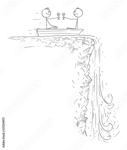 Vector cartoon stick figure drawing conceptual illustration of two men or businessmen on rowboat or rowing boat celebrating and approaching to waterfall. Concept of financial crisis and depression.